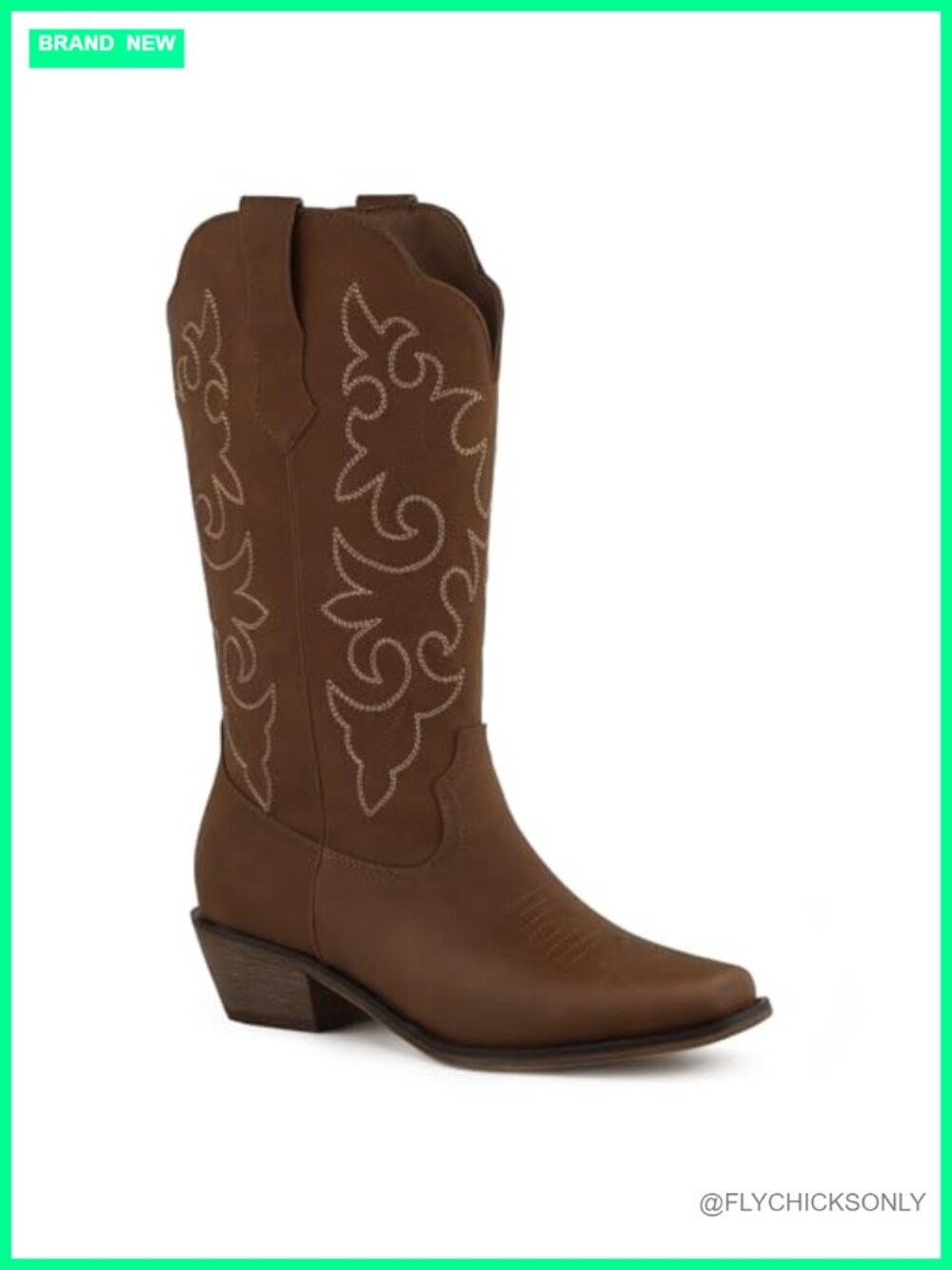 Square Toe Mid-Calf Cowboy Boots Women Faux Leather Block Heel